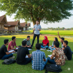 Siswa belajar bahasa Inggris di area terbuka Kampung Inggris Pare dengan tutor, suasana hijau dan pedesaan