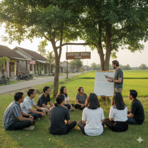 Kelompok siswa muda dari berbagai latar belakang etnis di Indonesia belajar bahasa Inggris outdoor bersama seorang tutor di Kampung Inggris Pare, Jawa Timur. Mereka duduk melingkar di rumput hijau dengan papan tulis dan pohon rindang sebagai latar belakang, serta terlihat papan nama 'Kampung Inggris Pare' dan pemandangan sawah hijau yang asri