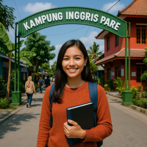 Perempuan muda di Kampung Inggris Pare, tersenyum sambil membawa buku di jalan kampung hijau tempat belajar bahasa Inggris