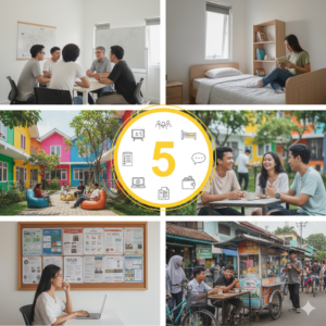 Kolase visual yang menampilkan berbagai kriteria penting saat memilih Kampung Inggris terbaik, meliputi suasana belajar, fasilitas, lingkungan, program, dan biaya