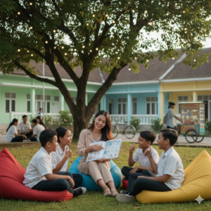 Suasana ramah di Kampung Inggris yang ideal untuk pemula, menekankan belajar bahasa Inggris dari nol hingga sukses.