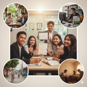 Kolase visual yang menggambarkan persiapan beasiswa ke luar negeri di Kampung Inggris, menyoroti peran Interpeace dalam kesuksesan para lulusan