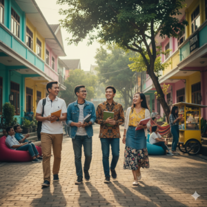 Siswa/i Kampung Inggris dengan pakaian berbeda berinteraksi dan belajar bersama, mencerminkan 5 kunci lingkungan wajib berbahasa Inggris yang suportif.