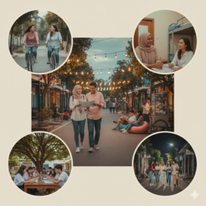 Kolase visual yang menampilkan suasana aman, nyaman, dan ramah di Kampung Inggris, tempat ideal untuk belajar bahasa Inggris dari nol tanpa cemas