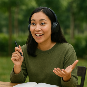 Perempuan muda Indonesia sedang latihan speaking bahasa Inggris di Kampung Inggris Pare, mengenakan headphone hitam dan tersenyum percaya diri di ruang terbuka hijau dengan suasana belajar santai.
