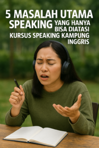 Perempuan muda Indonesia terlihat frustasi saat latihan speaking bahasa Inggris di Kampung Inggris Pare, mengenakan headphone hitam dan sweater hijau, duduk di meja dengan buku catatan terbuka di depan, mengekspresikan kesulitan berbicara dengan latar taman hijau yang tenang.