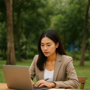 Wanita muda profesional Indonesia sedang fokus belajar bahasa Inggris di Kampung Inggris Pare. Ia mengenakan blazer krem dan blus putih, bekerja di laptop di atas meja kayu di area terbuka hijau dengan suasana belajar yang tenang dan alami.