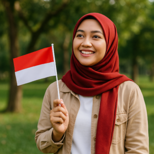 Perempuan muda Indonesia berhijab merah tersenyum sambil memegang bendera merah putih di taman hijau, menggambarkan semangat Hari Pahlawan 10 November.