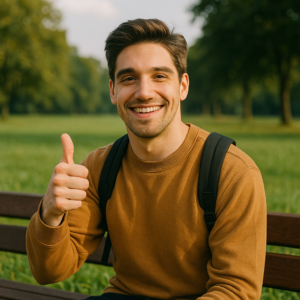 Pria muda tersenyum bahagia sambil duduk santai di taman hijau Kampung Inggris Pare, mengenakan sweater cokelat dan ransel hitam, menggambarkan suasana positif dan percaya diri dalam tema Hari Jomblo.